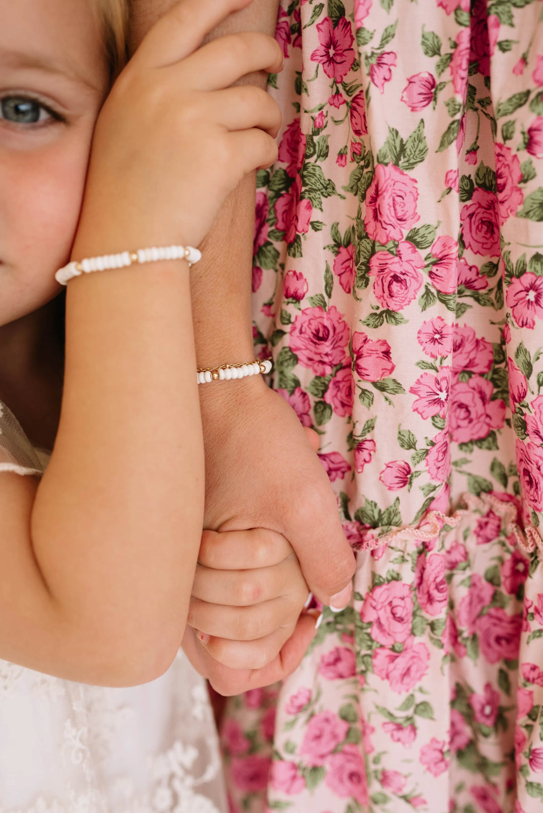 Mommy & Me White & Gold Stretchy Beaded Bracelet