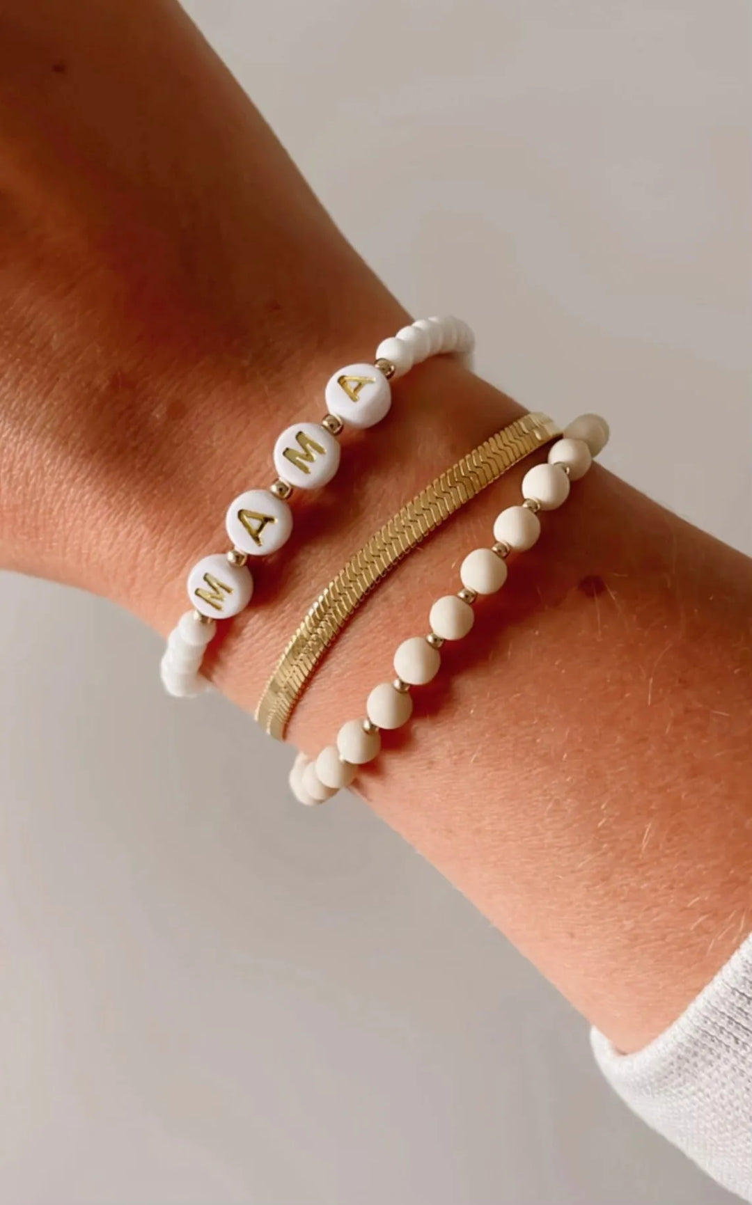 Personalized Name Mommy Baby Bracelet in White Beads Adult Medium Reverie Threads