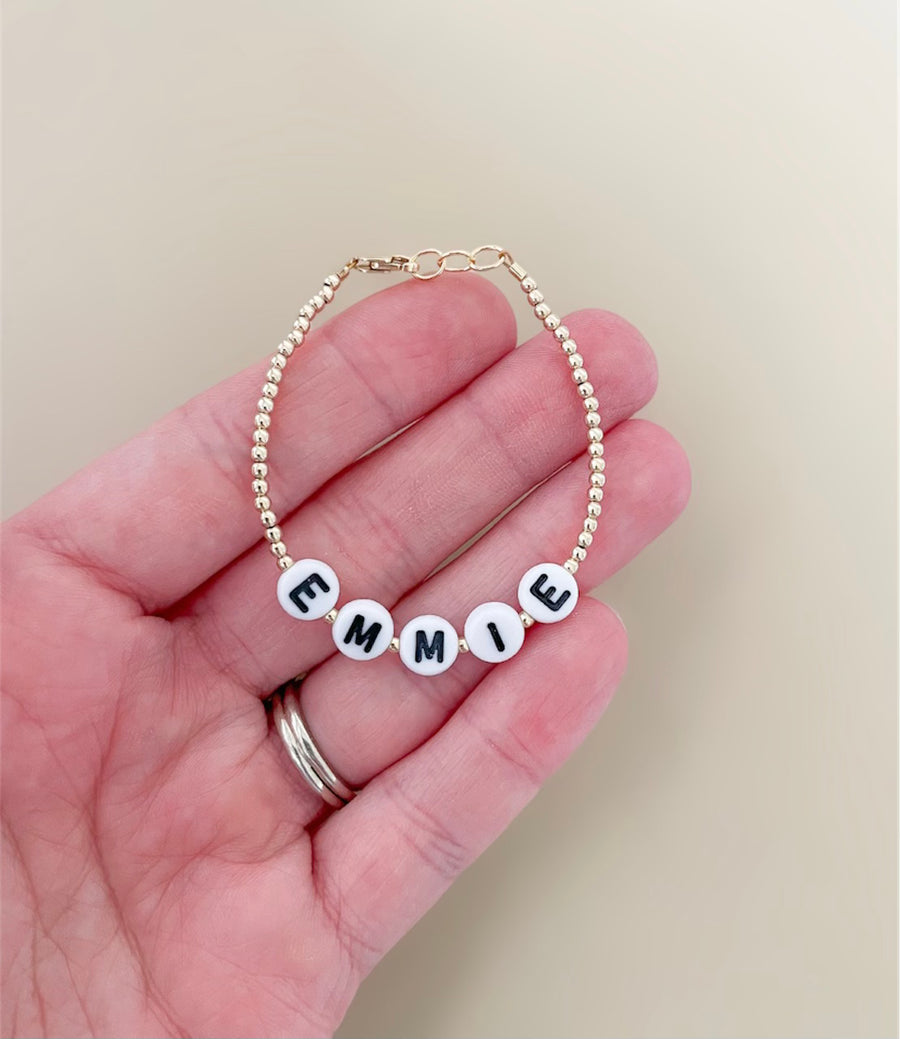Personalized Name in Black Mommy & Baby Bracelet in 14K Gold Filled Beads