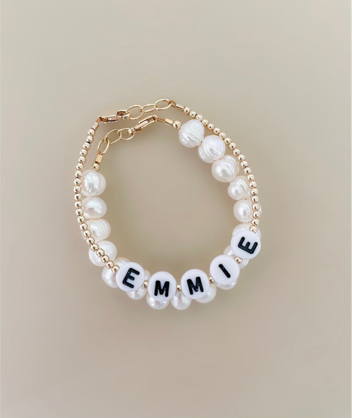 Personalized Name in Black Mommy & Baby Bracelet in 14K Gold Filled Beads