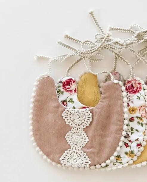 Scalloped Bib in Crochet Rosy Brown & Buttercups // Double Sided