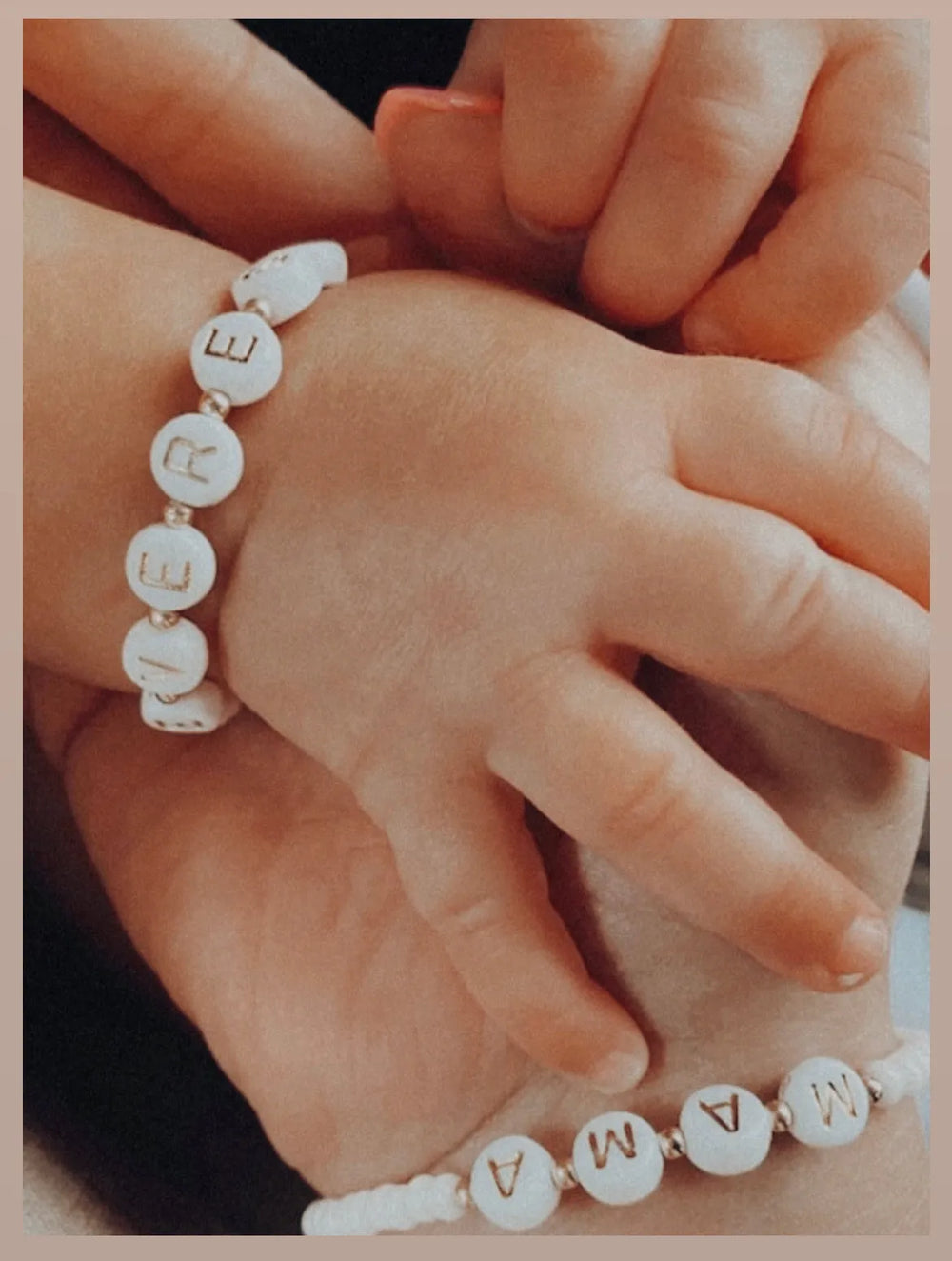 Personalized Name Mommy & Baby Bracelet in White Beads