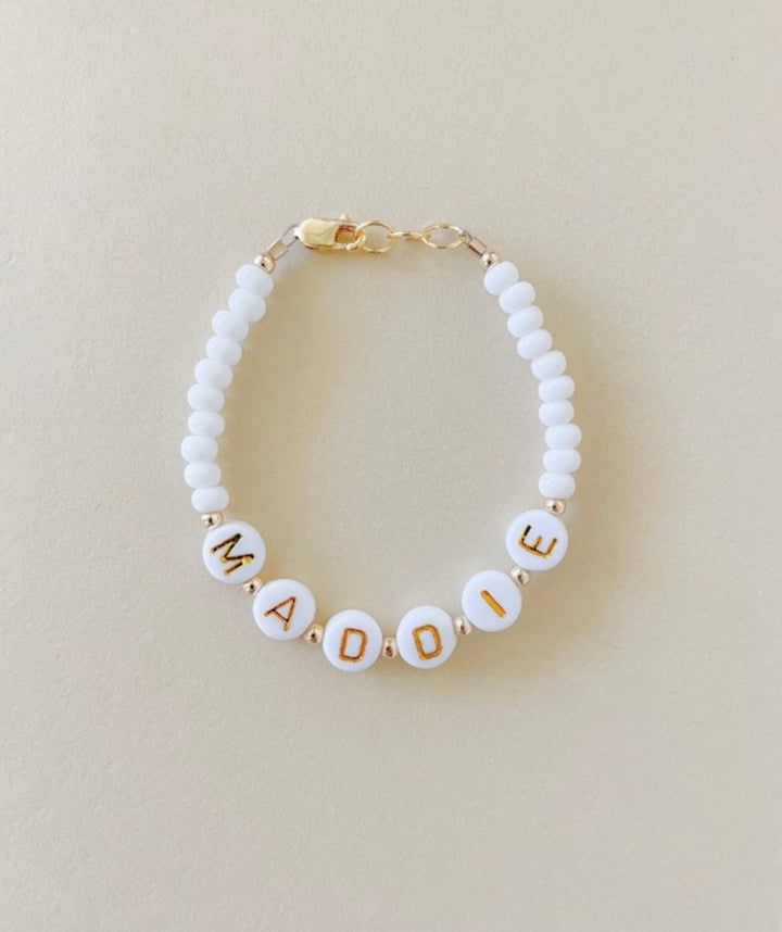 Personalized Name Mommy & Baby Bracelet in White Beads