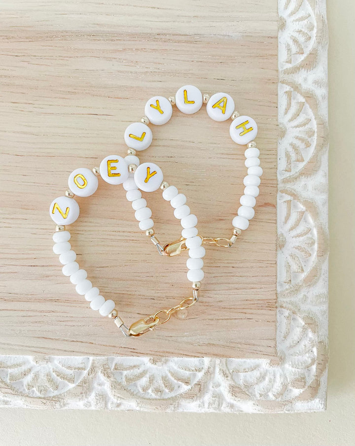 Personalized Name Mommy & Baby Bracelet in White Beads
