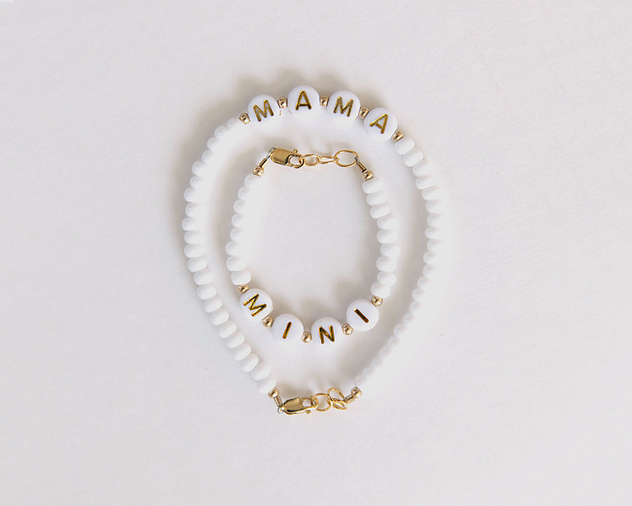 Custom 14K Gold Filled Bracelet w/ White Round Beads & Gold Letters –  beadswithb