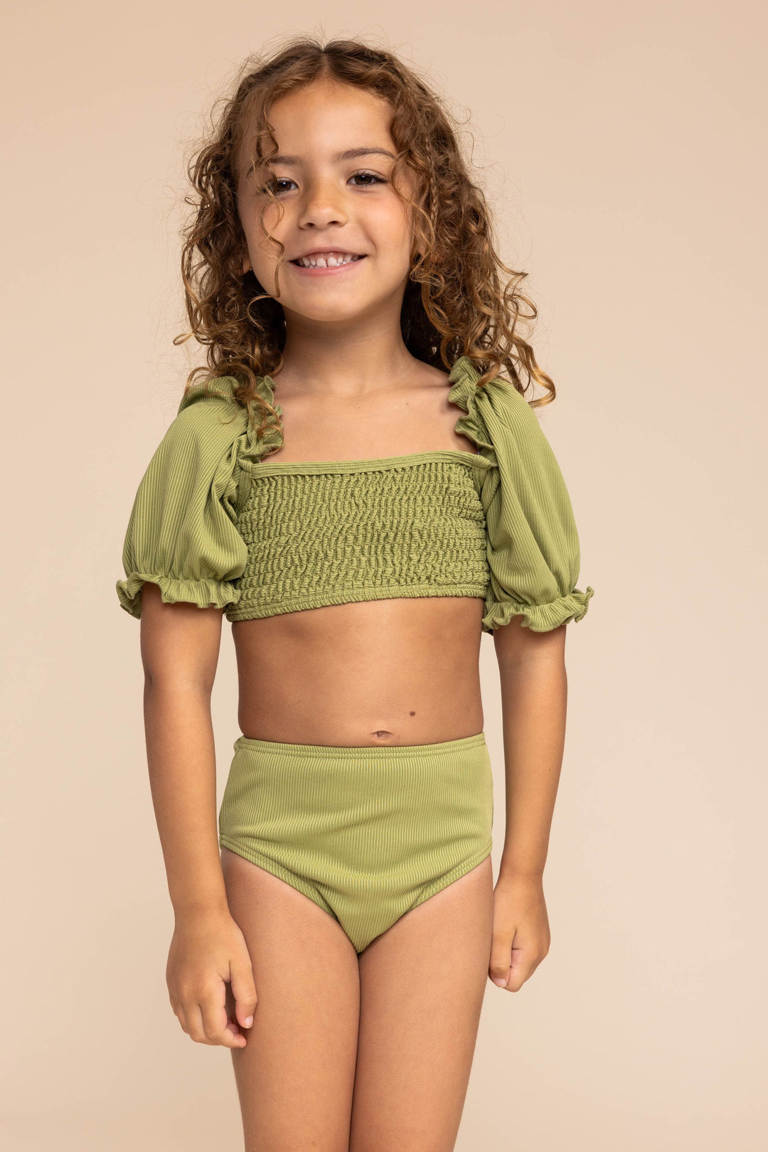 Girl's Sleeved Bikini | Ribbed Green